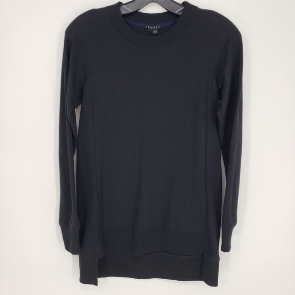 Theory High Low Split Hem Pullover Sweatshirt Top XS Womens Crew Neck Black - Picture 1 of 7